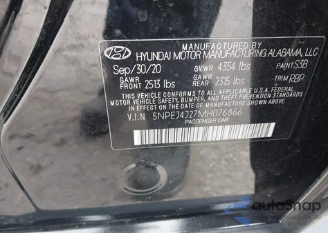 2021 Hyundai Sonata Sel Plus z USA, uszkodzony, nr VIN 5NPEJ4J27MH076866